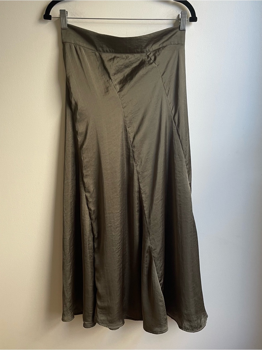 DKNY PURE Satin Bias Panel Midi Skirt Olive Green SAMPLE F2021 Flutter Medium